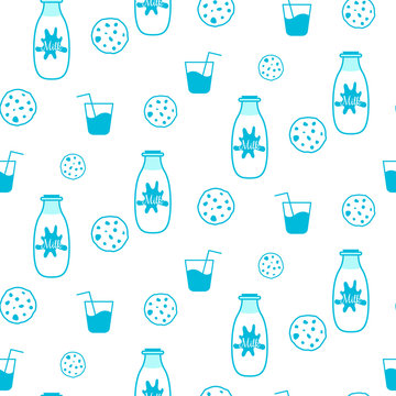 Milk and cookie blue and white seamless vector pattern. Milk bottle, biscuits and glass of milk pattern.