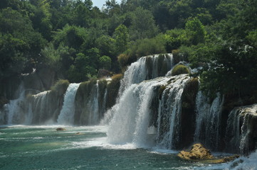 Fototapeta premium Waterfalls in Krka National Park in Croatia. Strength and picturesque miracle of nature