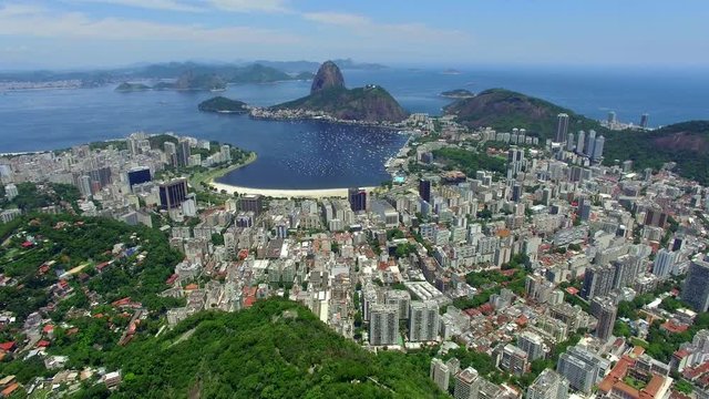 Aerial view of Sugar Loaf Mountain and Rio de Janeiro cityscape, Brazil. 