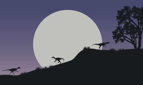 At night Eoraptor in hills scnery silhouette