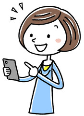 イラスト素材：若い女性　スマートフォン　操作　理解　
