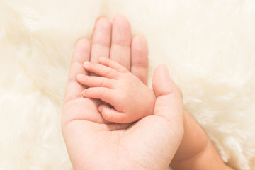 Hand the sleeping baby in the hand of mother close-up (Soft focu