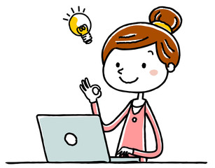 イラスト素材：若い女性　パソコン　理解

