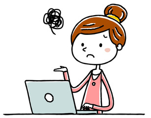 イラスト素材：若い女性　パソコン　困惑

