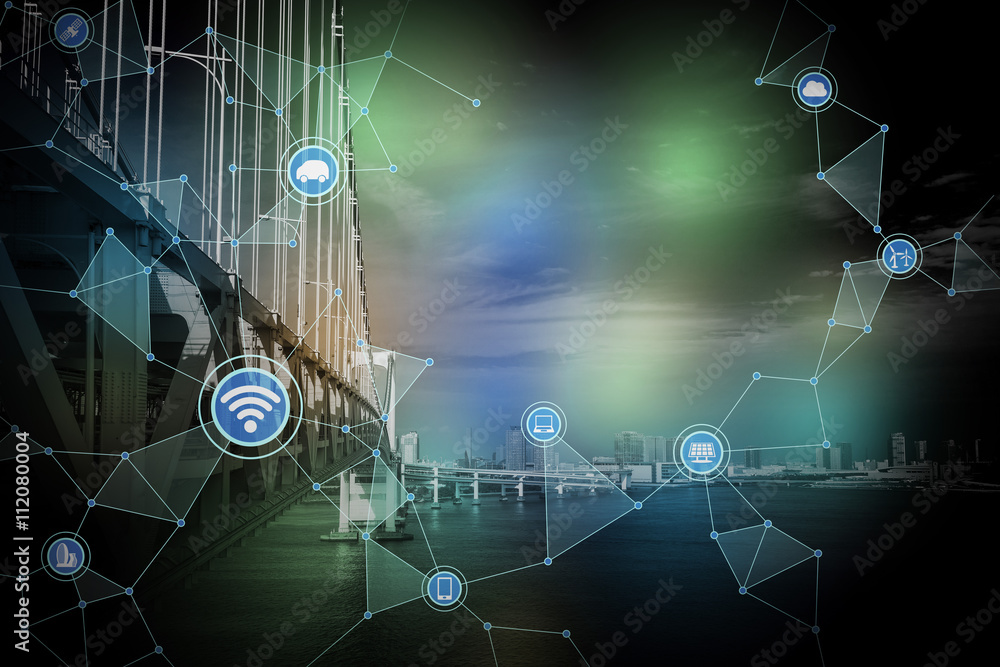Aufkleber modern cityscape and bridge, wireless communication network, abstract image visual, internet of thin
