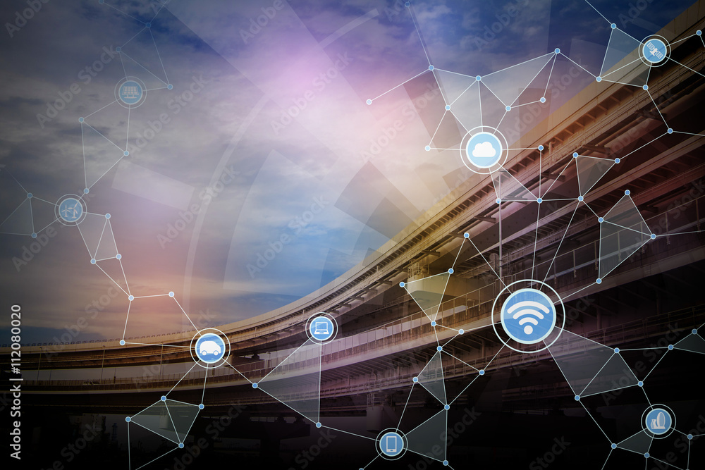 Poster railway viaduct and wireless communication network, abstract image visual, internet of things