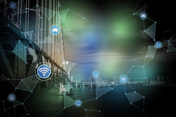modern cityscape and bridge, wireless communication network, abstract image visual, internet of things