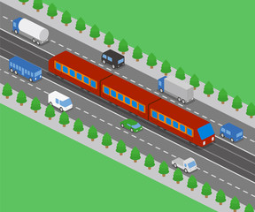 light rail transit system and various vehicles, streetcar, birds-eye view, vector illustration