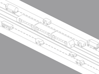 light rail transit system and various vehicles, streetcar, birds-eye view, line drawing illustration