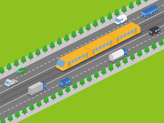 light rail transit system and various vehicles, streetcar, birds-eye view, vector illustration