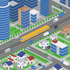 Obraz premium light rail transit system and various vehicles, streetcar, birds-eye view, vector illustration
