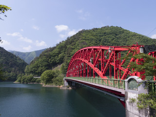 東京観光　郊外　奥多摩　峰谷橋　奥多摩湖　春　新緑　