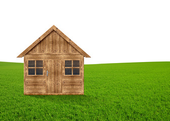 Wooden house in the meadow on white background