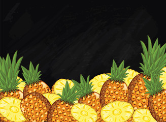 Pineapple on chalkboard background. Pineapple composition, plants and leaves. Organic food. Summer fruit. Fruit background for packaging design.