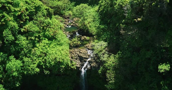 Aerial view flying over amazing waterfall pool in tropical rain forest jungle