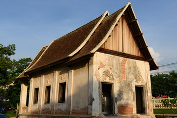 Fototapeta na wymiar Old church at Wat Mai Amphawan, Korat ThailandForeign language on the Door frame means Built date of this church.