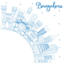 Outline Bangalore Skyline with Blue Buildings and Copy Space.