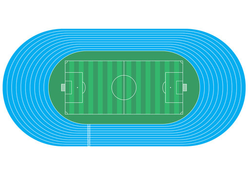 Top view of running track and soccer field on white background