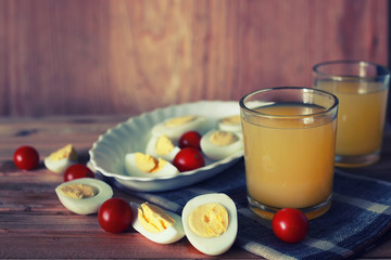 egg breakfast fruit wooden background