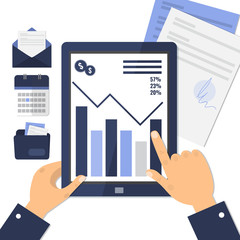 Businessman working with tablet computer. Workplace concept. Business icon. Flat design vector illustration.