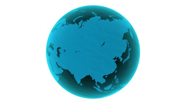 3D Rotating glossy light-blue glass earth-globe rendered on white background. 4k, loopable. 