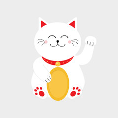 Lucky white cat sitting and holding golden coin. Japanese Maneki Neco cat waving hand paw icon. Feng shui Success wealth symbol mascot. Cute cartoon character. Greeting card. Flat White background