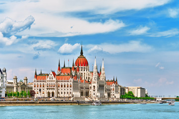 Fototapeta na wymiar Hungarian Parliament at daytime. Budapest. View from Danube rive