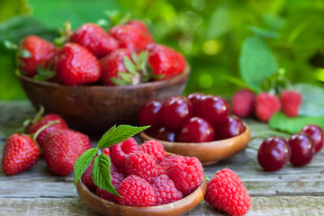 Fresh strawberries, raspberries and sour cherries from the garden