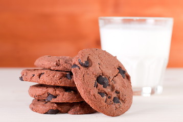 chocolate chip cookies and a glass of milk on the table