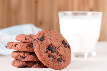 chocolate chip cookies and a glass of milk on the table