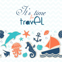 Horizontal seamless background with stickers on the marine theme