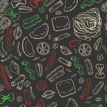 Seamless pattern with Italian pasta on dark background