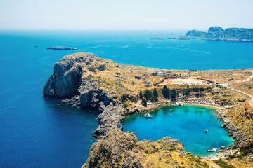 Panoramic bird eye aerial view at Saint Paul Bay at Lindos on the island of Rhodes, Greece