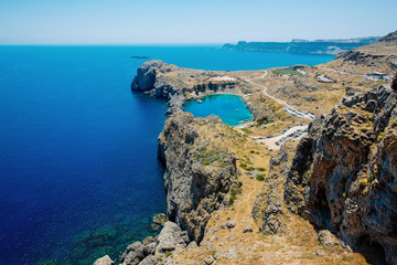 Panoramic bird eye aerial view at Saint Paul Bay at Lindos on the island of Rhodes, Greece