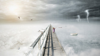 Bird flying on fantasy opposite weather sky, beautiful sun,  ominous stormy sky clouds and bridge, infinity conception for composite - obrazy, fototapety, plakaty