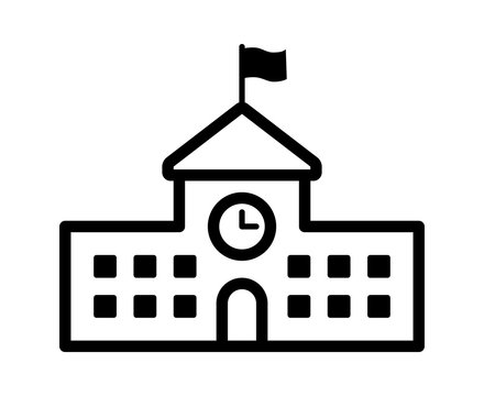 School building with clock and flag line art icon for apps and websites