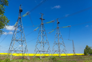 High voltage lines and power pylons in a flat and green agricultural landscape on a sunny day with clouds in the blue sky.