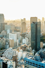 Business concept for real estate and corporate construction - panoramic modern city bird eye view with dramatic sunrise and morning sky