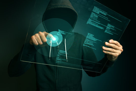Hooded computer hacker hacking biometric security internet syste