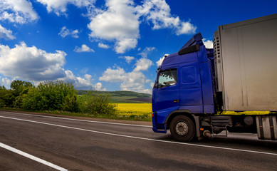 Fototapeta na wymiar blue truck on the road in a rural landscape, in the background o
