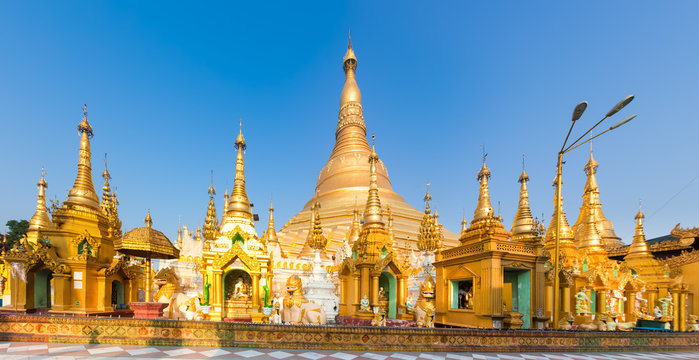 Shwedagon pagoda in Yangon. Myanmar. Panorama