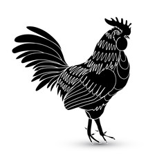 Chinese zodiac rooster design element for Chinese New Year decoration. Hand drawing cock or rooster in black on white background. Happy New Year of the Rooster zodiac emblem 2017.