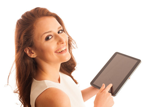 Business woman brousing the web on a tablet isolated over white