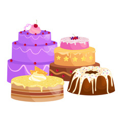 Confectioner cook chef cartoon character with cake. Vector illustrations set