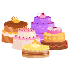 Confectioner cook chef cartoon character with cake. Vector illustrations set