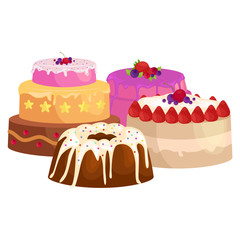 Confectioner cook chef cartoon character with cake. Vector illustrations set
