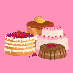 Vector cake icon set, Birthday food, sweet dessert, isolated illustration.