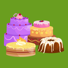Vector cake icon set, Birthday food, sweet dessert, isolated illustration.