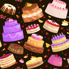 Vector cake icon set, Birthday food, sweet dessert, isolated illustration.