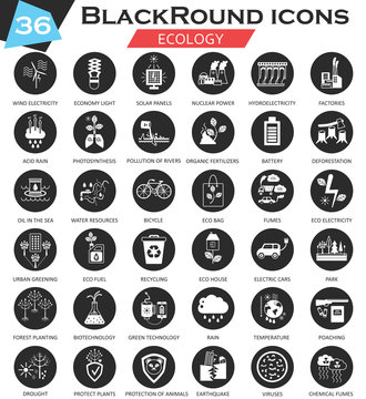 Vector Ecology circle white black icon set. Ultra modern icon design for web.